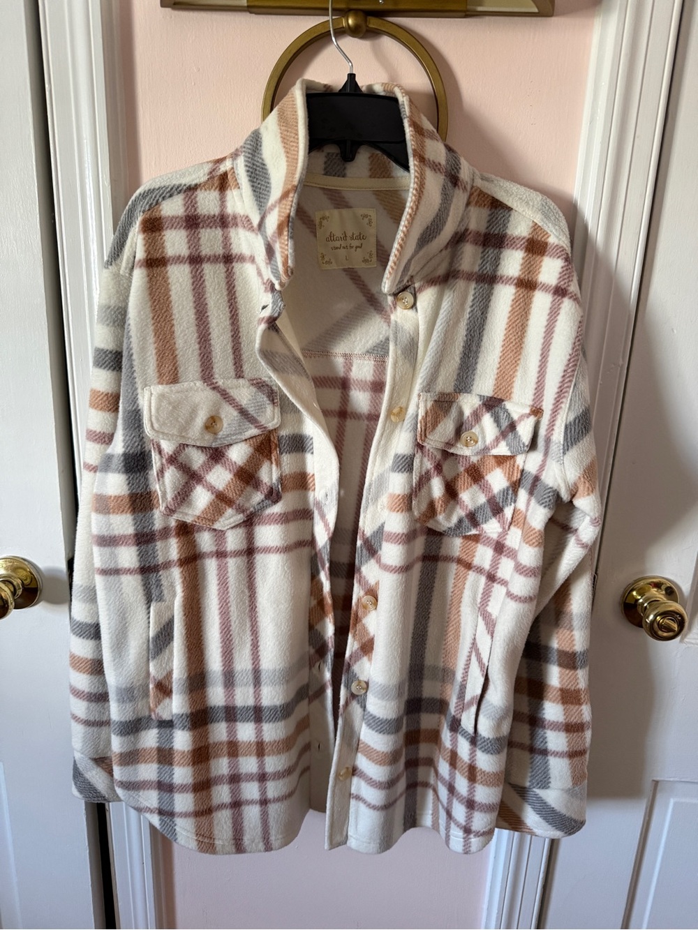Altar'd State Cream Plaid Button-Up Shacket with Brown & Gray Accents
